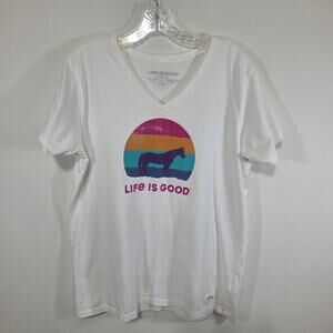 Life Is Good Womens VNeck Crusher Tee Horse Equestrian Sunset Rainbow Size Large